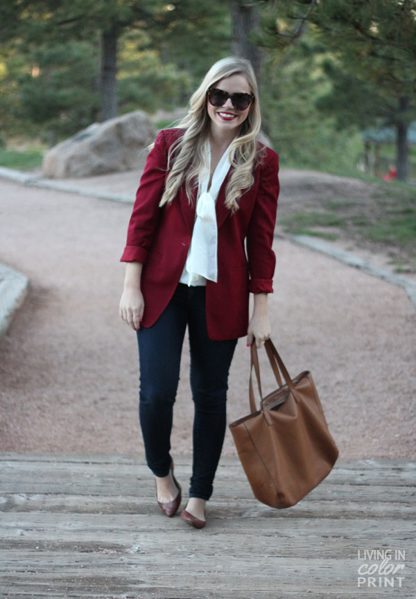 Burgundy blazer outfit women clearance