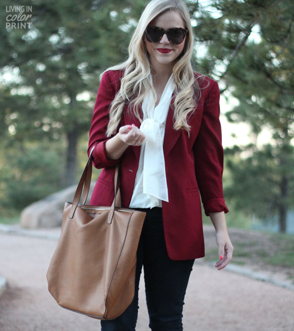 Burgundy blazer with clearance jeans