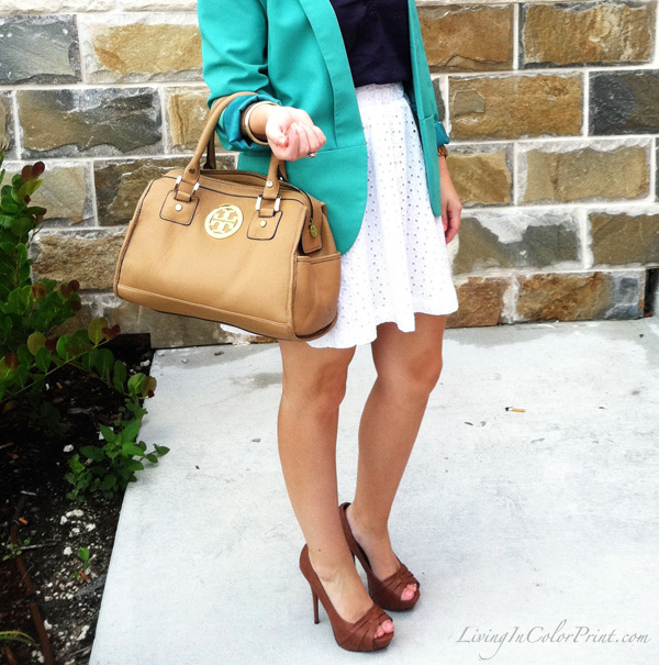 mint blazer, white skirt, tory burch purse