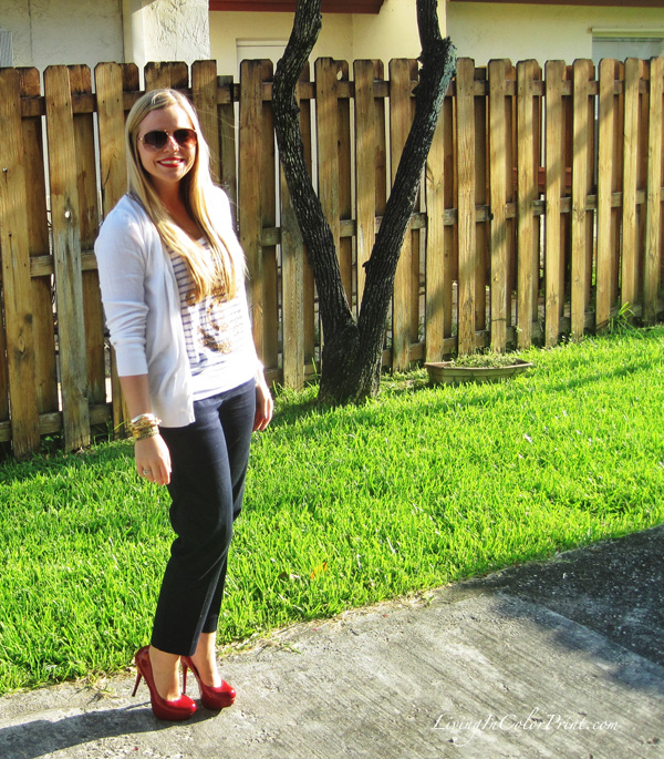 Navy crop pants, red pumps, anchor pant, white cardigan 