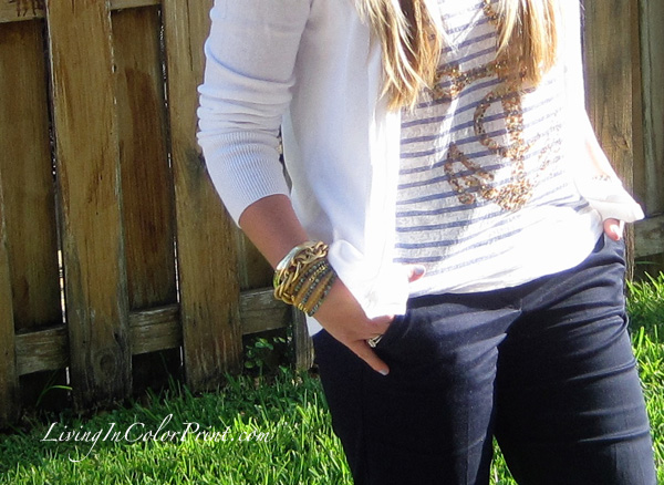 Mali beads arm candy, nautical blogger outfit, navy crop pants
