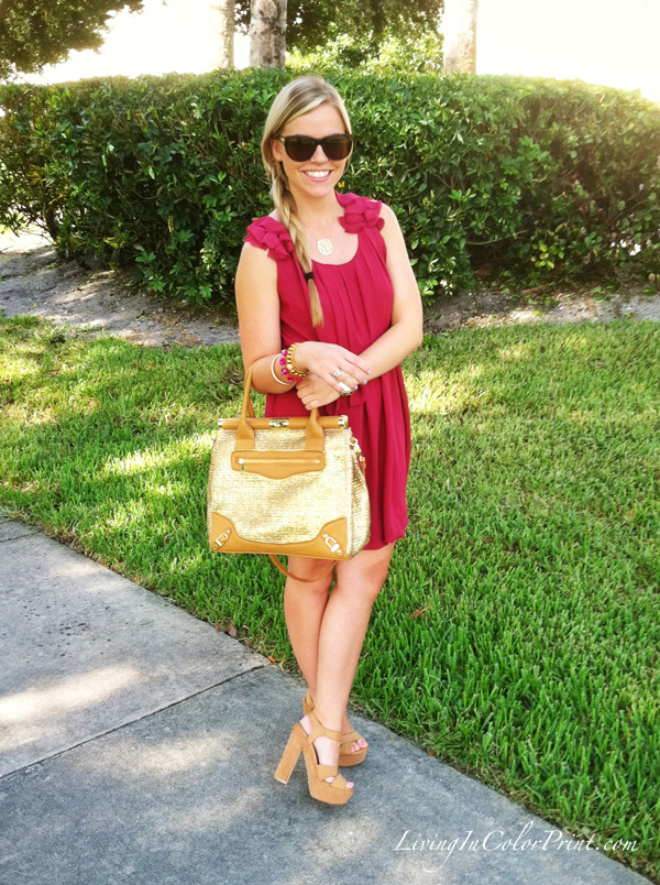 summer blogger outfit, raspberry dress, gold straw purse