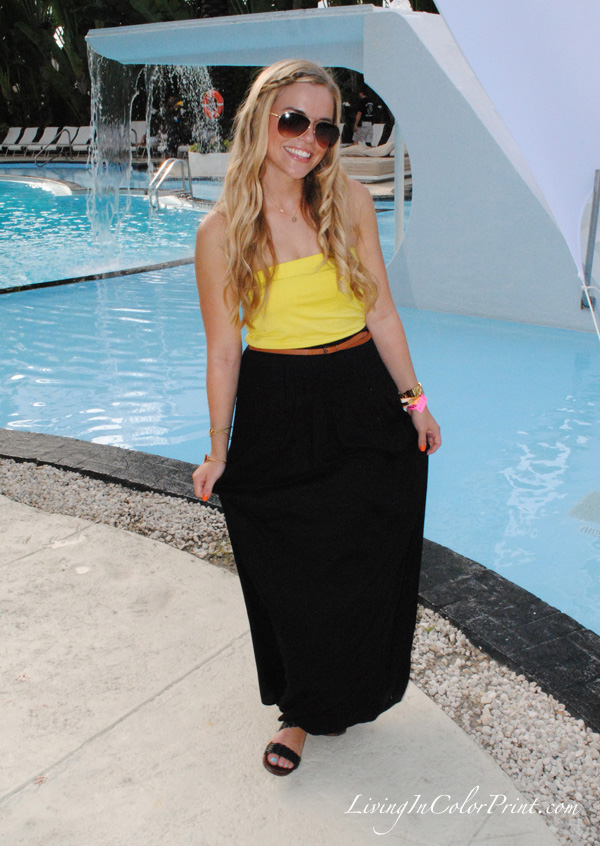 LOFT black maxi dress, neon yellow dress, MBFW Swim Week 2013, blogger ootd
