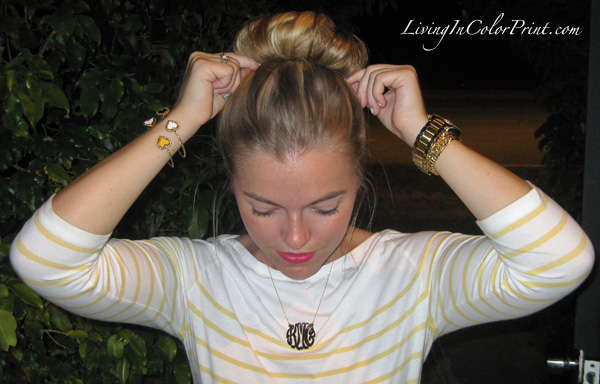 LOFT yellow stripe shirt, monogram necklace from eve's addiction, bracelets from Ashley Duncan 