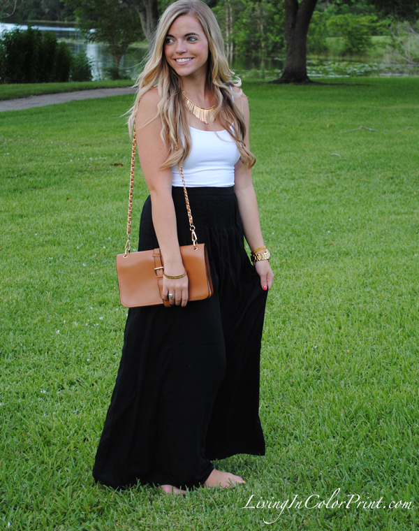 Aztec necklace and black maxi skirt