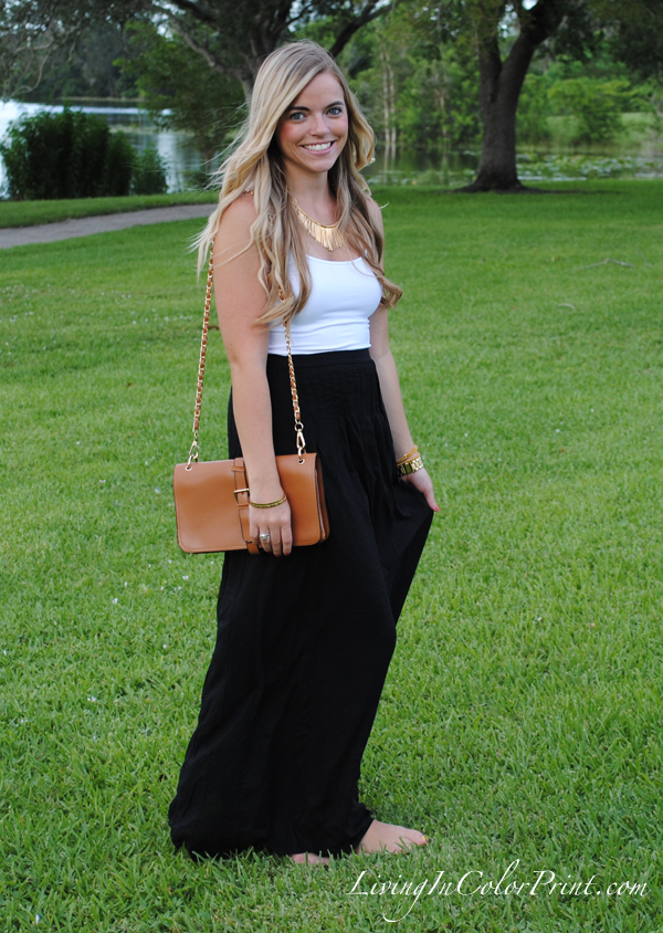 Aztec necklace and black maxi skirt look 