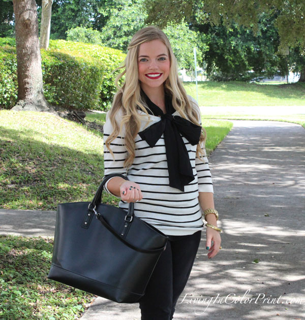 Black + White blogger outfit, black and white stripe sweater, Zara shopper basket, black bow blouse 