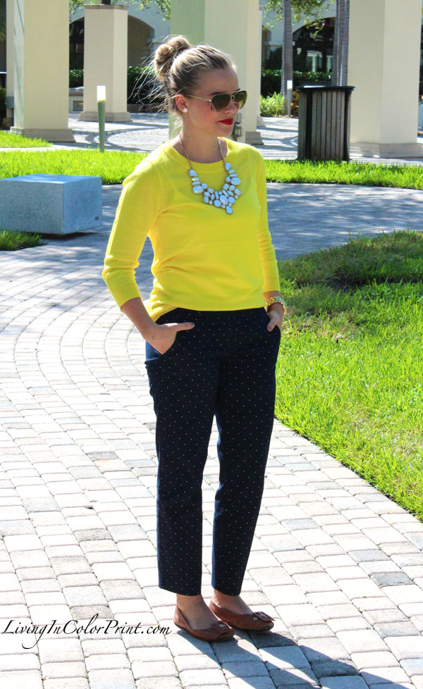 Blogger outfit of the day, polka dot crop pants, citron sweater