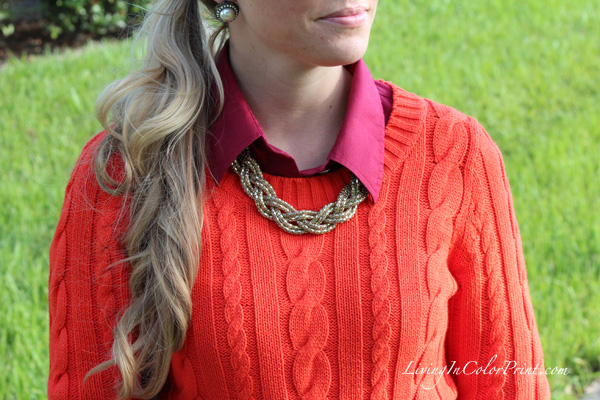 Fall hue outfit, orange and burgundy, orange cable knit sweater, miami fashion blogger, kristin clark blogger