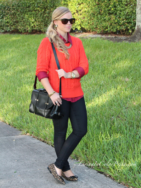 Fall hue outfit, orange and burgundy, orange cable knit sweater, miami fashion blogger, kristin clark blogger