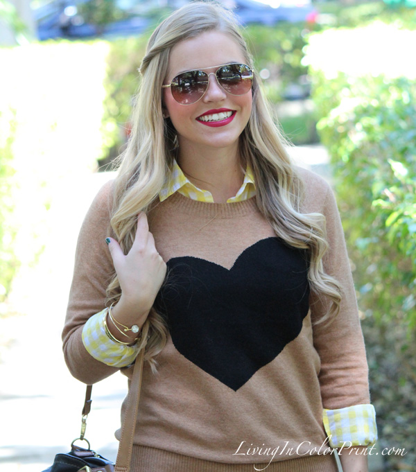 4 Ways to Wear Graphic Sweaters, J Crew Heart Sweater, Levi Jeans, Nine West black and cognac shoulder bag, MIA burgundy flats, yellow gingham button down 