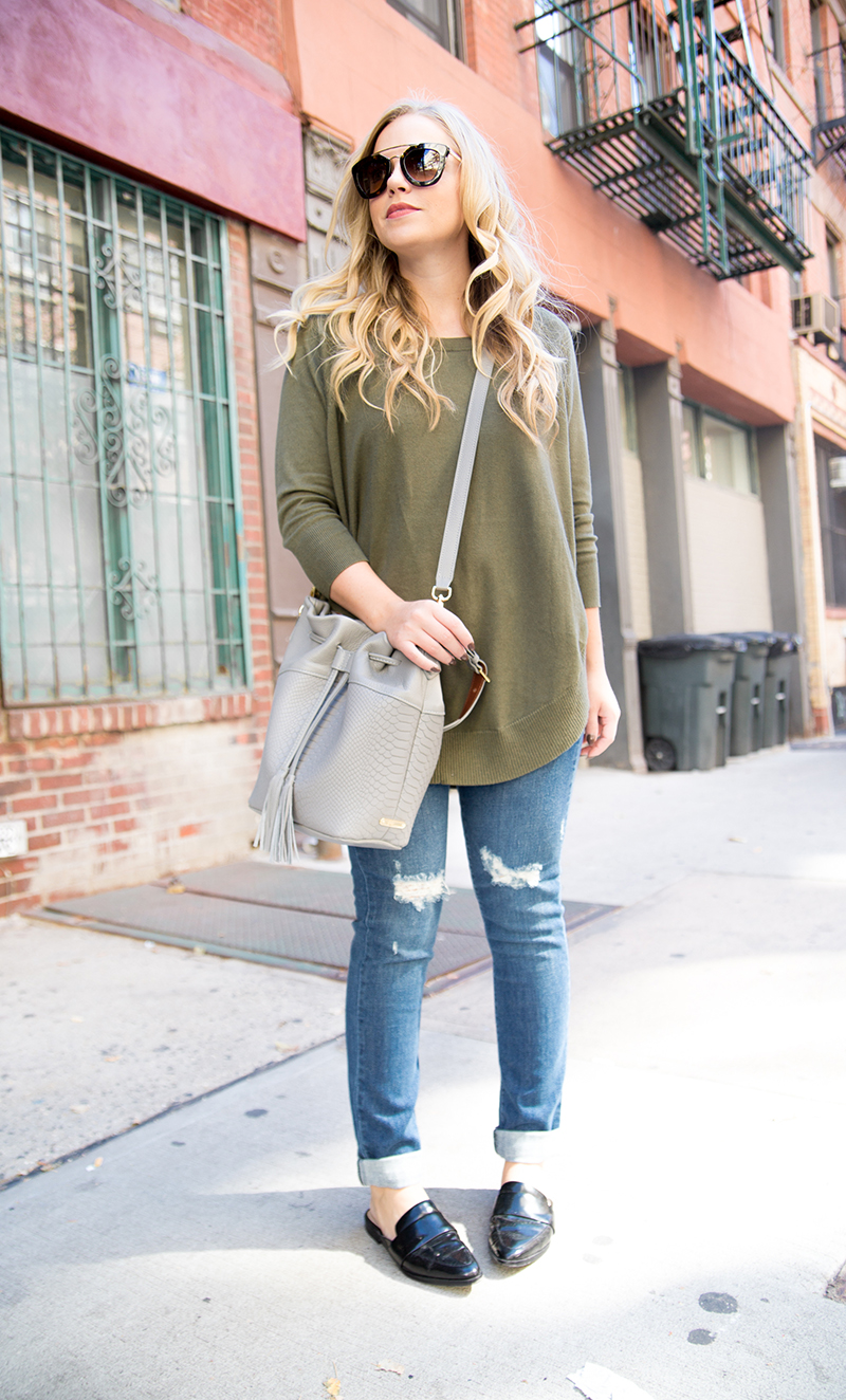 Olive Sweater + Blackless Mule Loafers