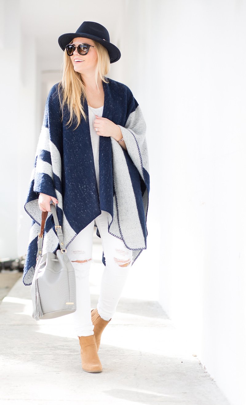 navy and grey poncho, white ripped denim for fall