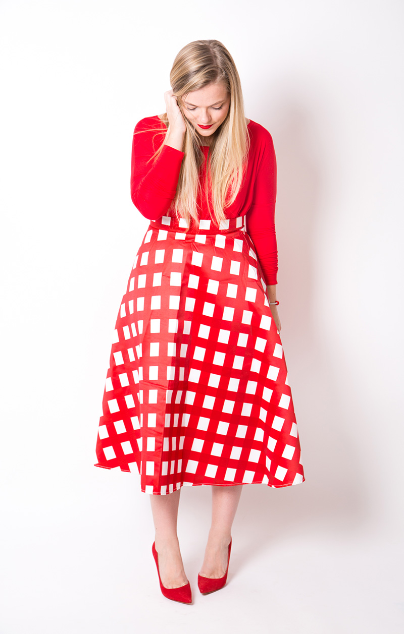 red checkered skirt, red on red outfit for the holidays