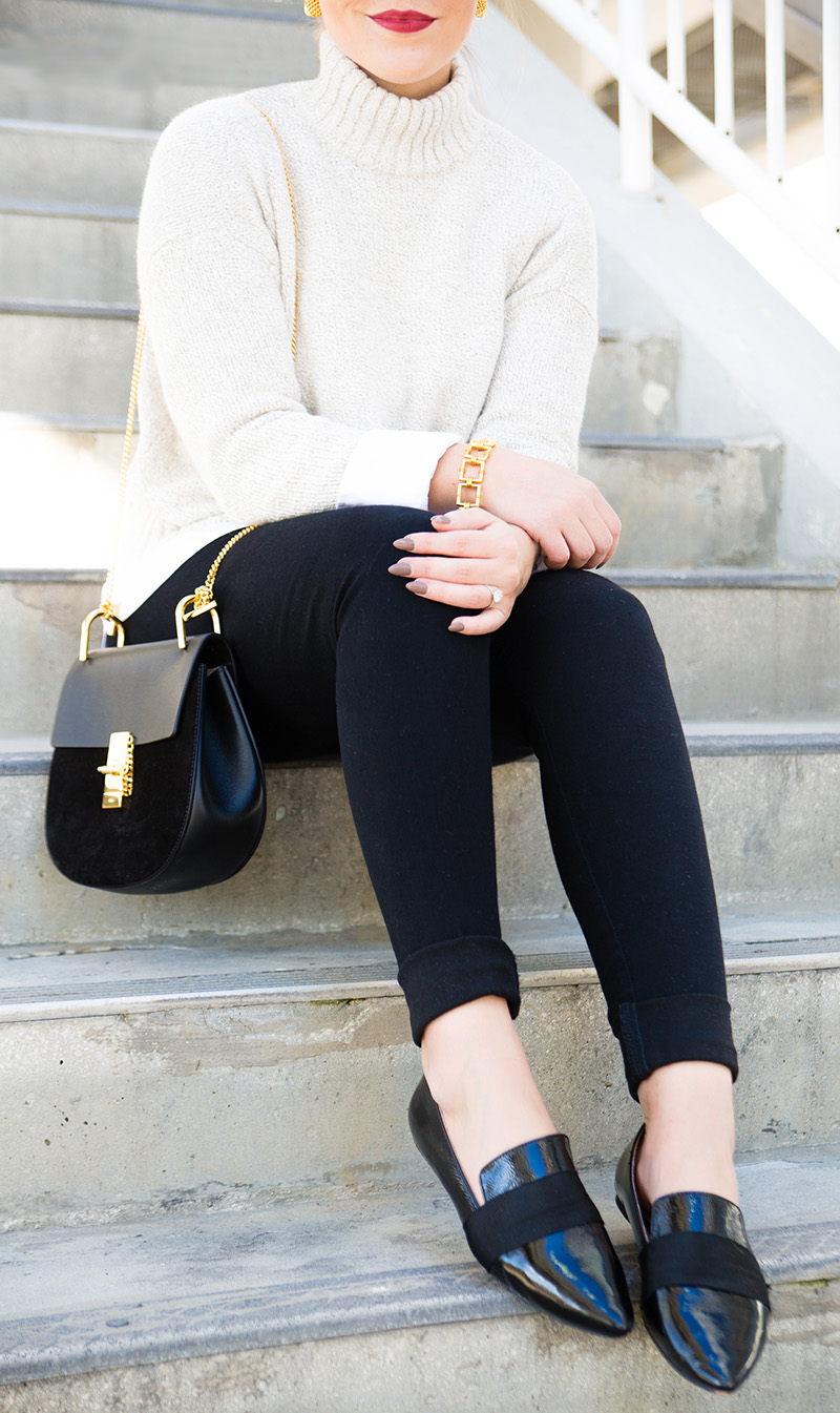 cream crop sweater, black patent loafers