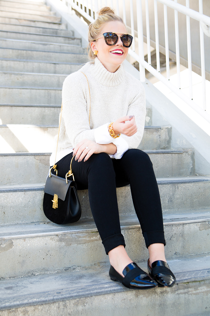 cream crop sweater, black patent loafers