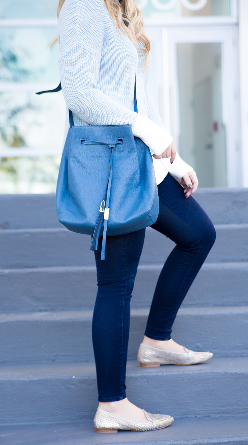 icy blue sweater, soft blue sweater with white piping