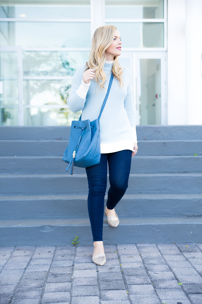 icy blue sweater, soft blue sweater with white piping