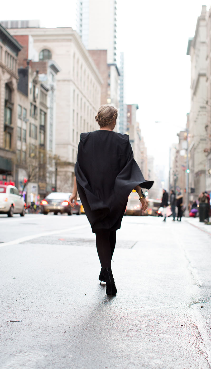 black cape dress, NYFW