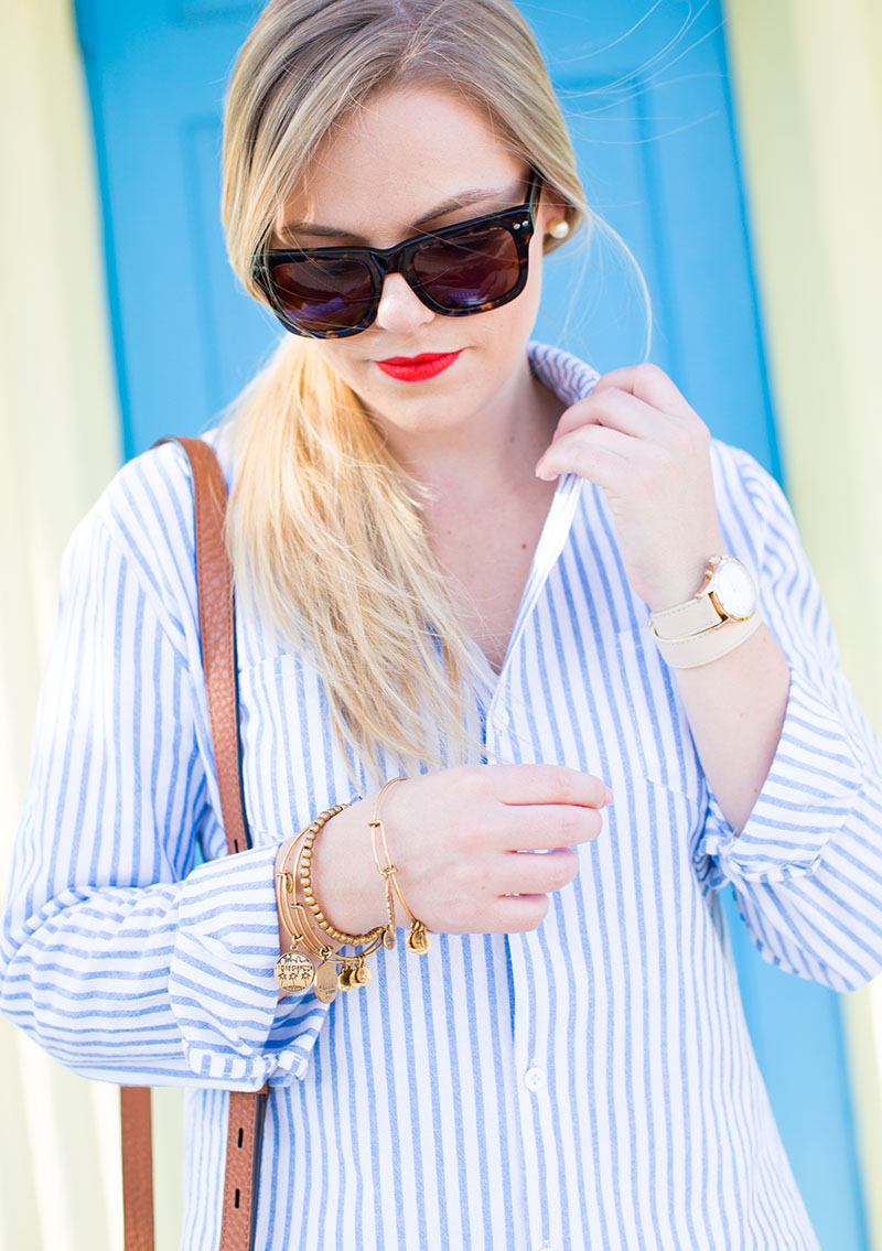 Blue and white Stripe Button-Down, white skinny jeans
