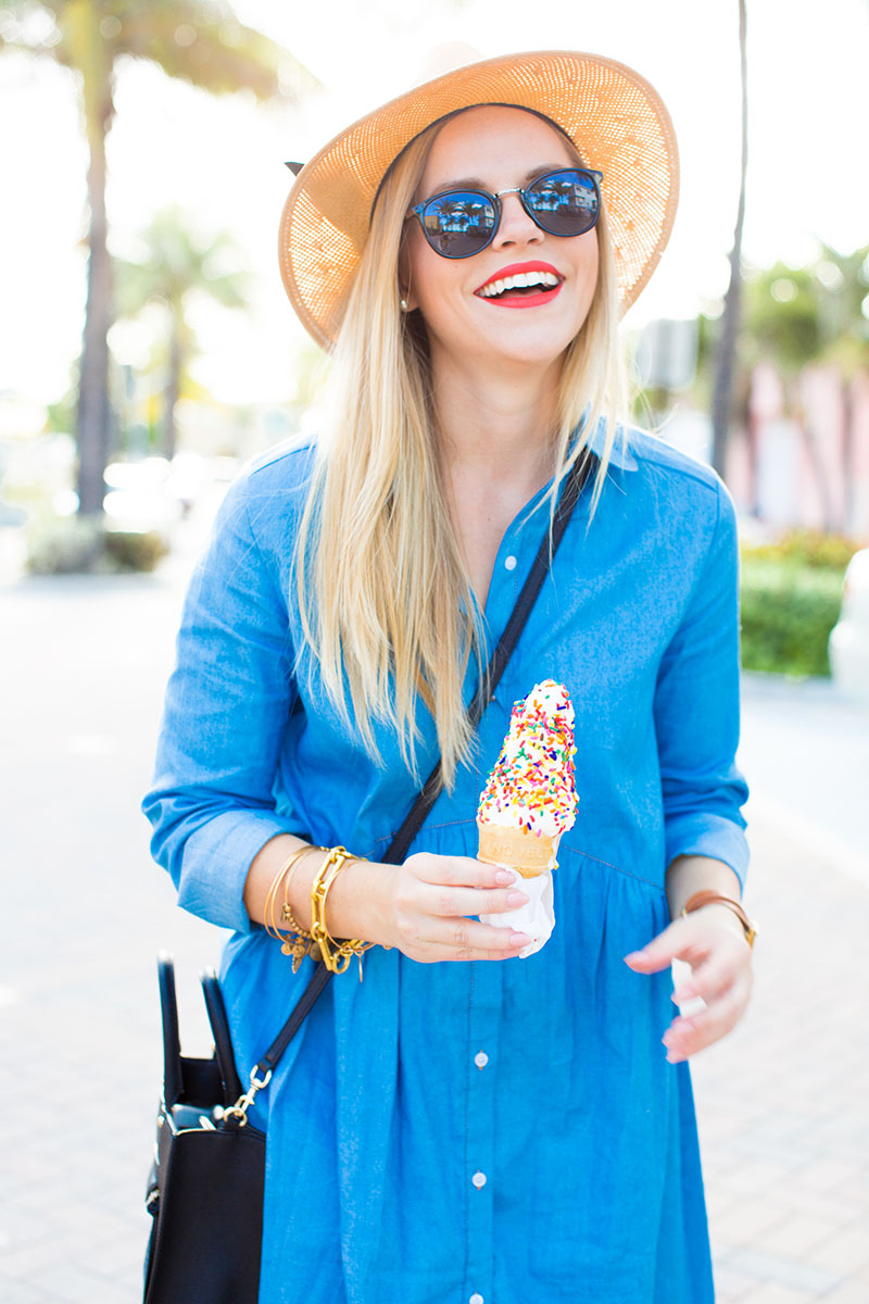 Denim Sundress, ice cream in spring, ice cream on the boardwalk