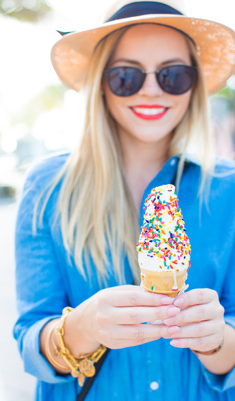 Denim Sundress, ice cream in spring, ice cream on the boardwalk