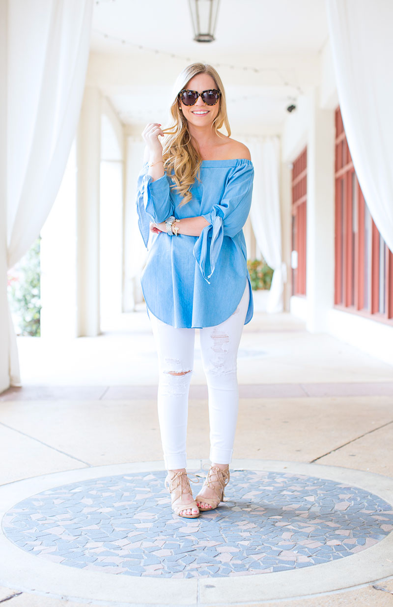 light blue off-the-shoulder tie sleeve top and white denim