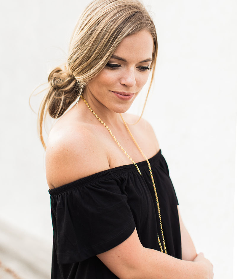 Black Off-The-Shoulder Dress, raffia clutch