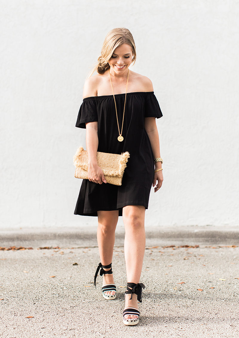 Black Off-The-Shoulder Dress, raffia clutch