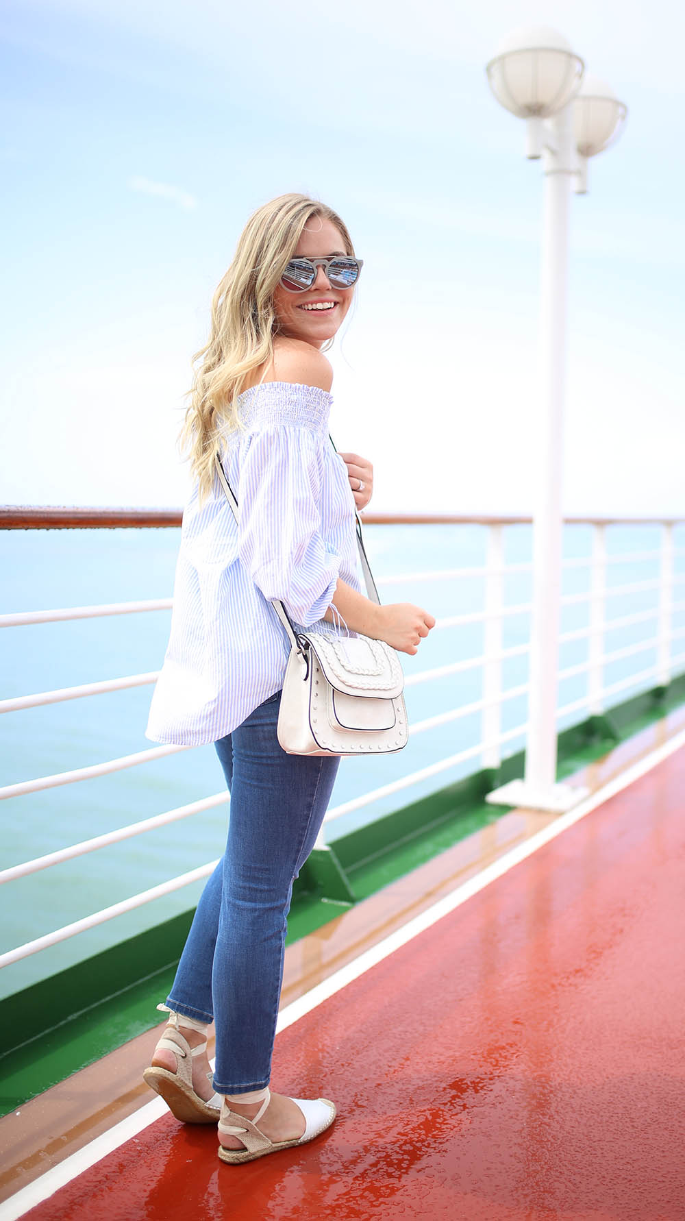 NYDJ Cool Jeans, Pinstripe Off-The-Shoulder Top + White Espadrilles 
