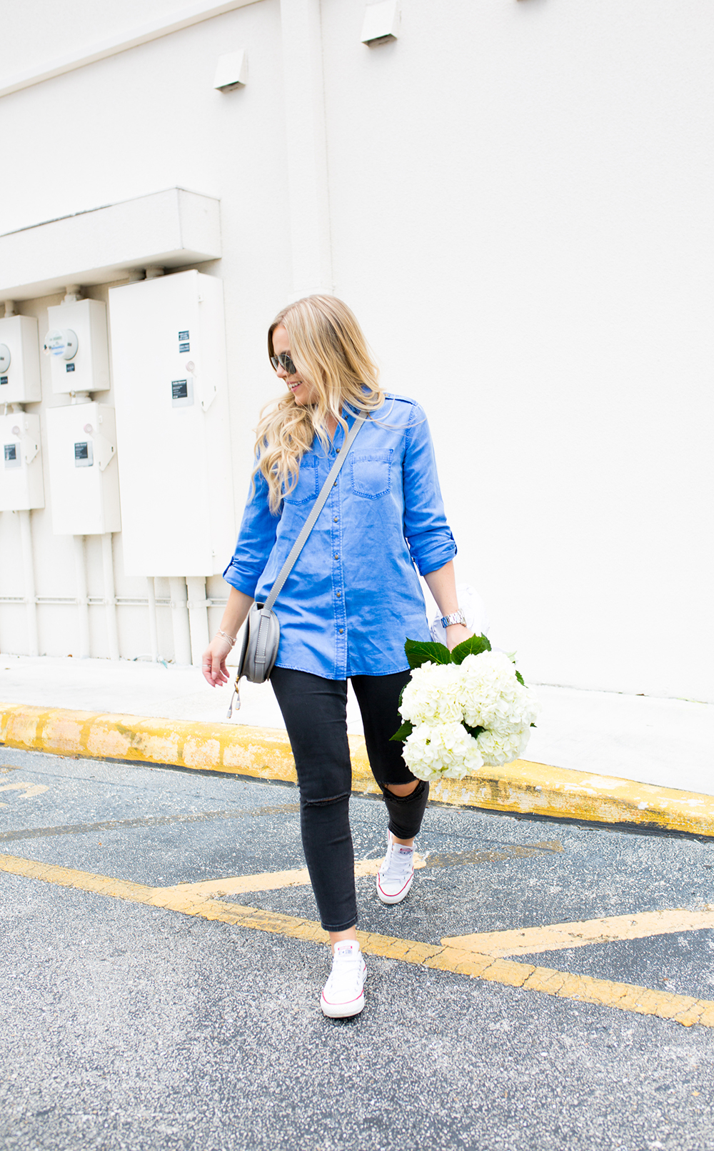 casual friday, black jeans + blue button-down 