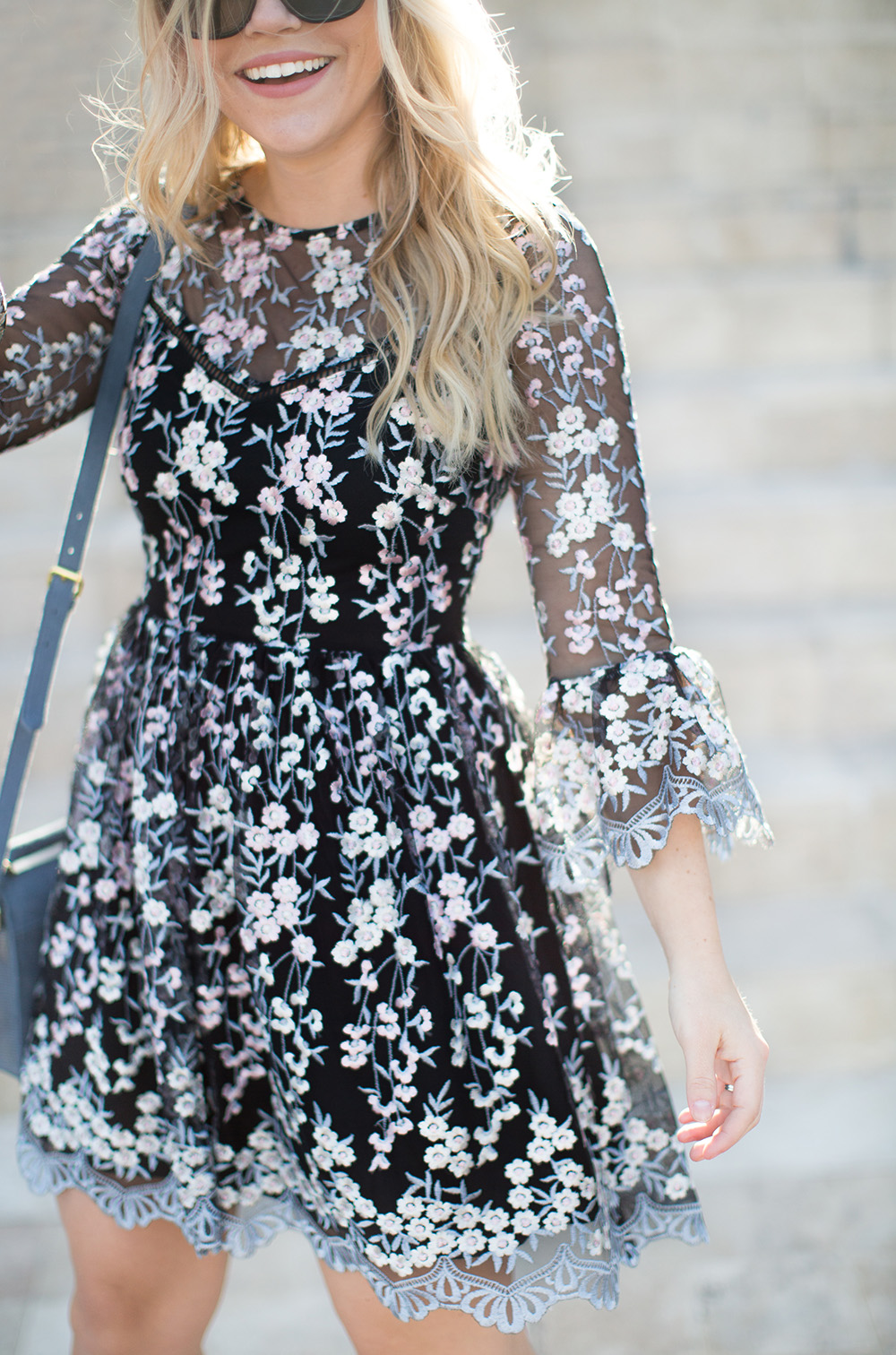 Floral Embroidered, Bell Sleeve Dress
