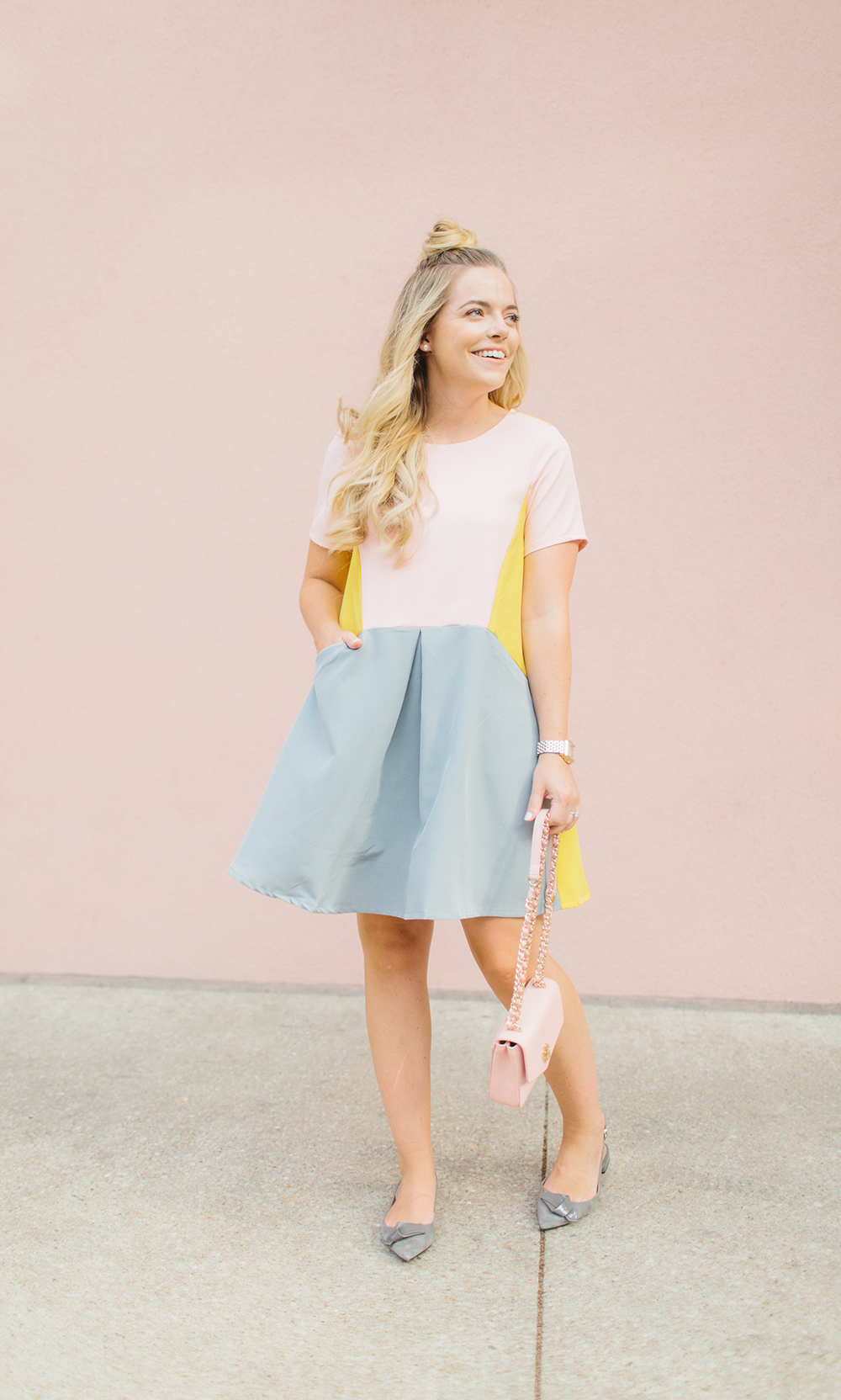 Modern Pink Color-Block Summer Dress