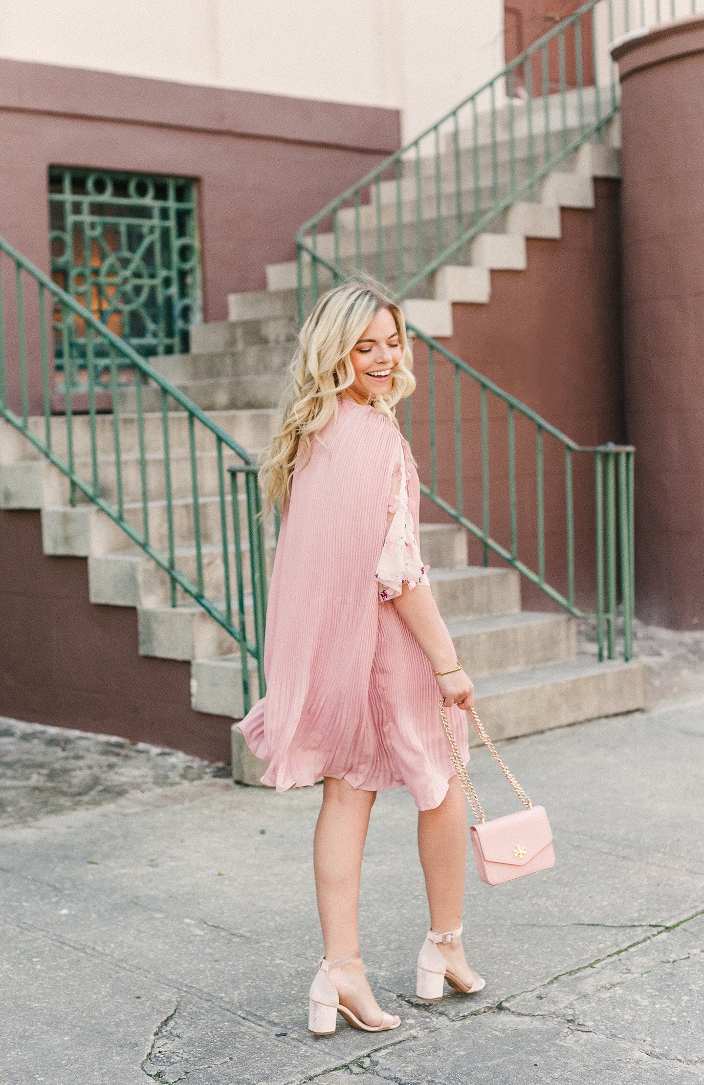 Pink Pleated Cape Dress