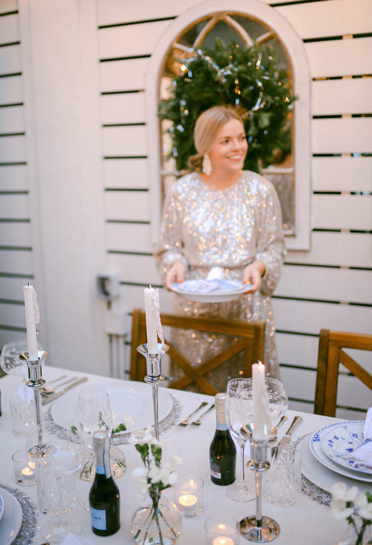 NYE Tablescape | Glitter Dress Setting the a Table of Blue & White Plates