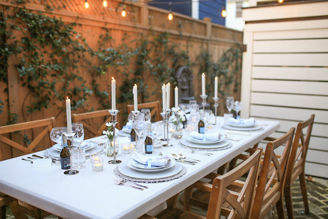 NYE Tablescape with Blue, White + Silver