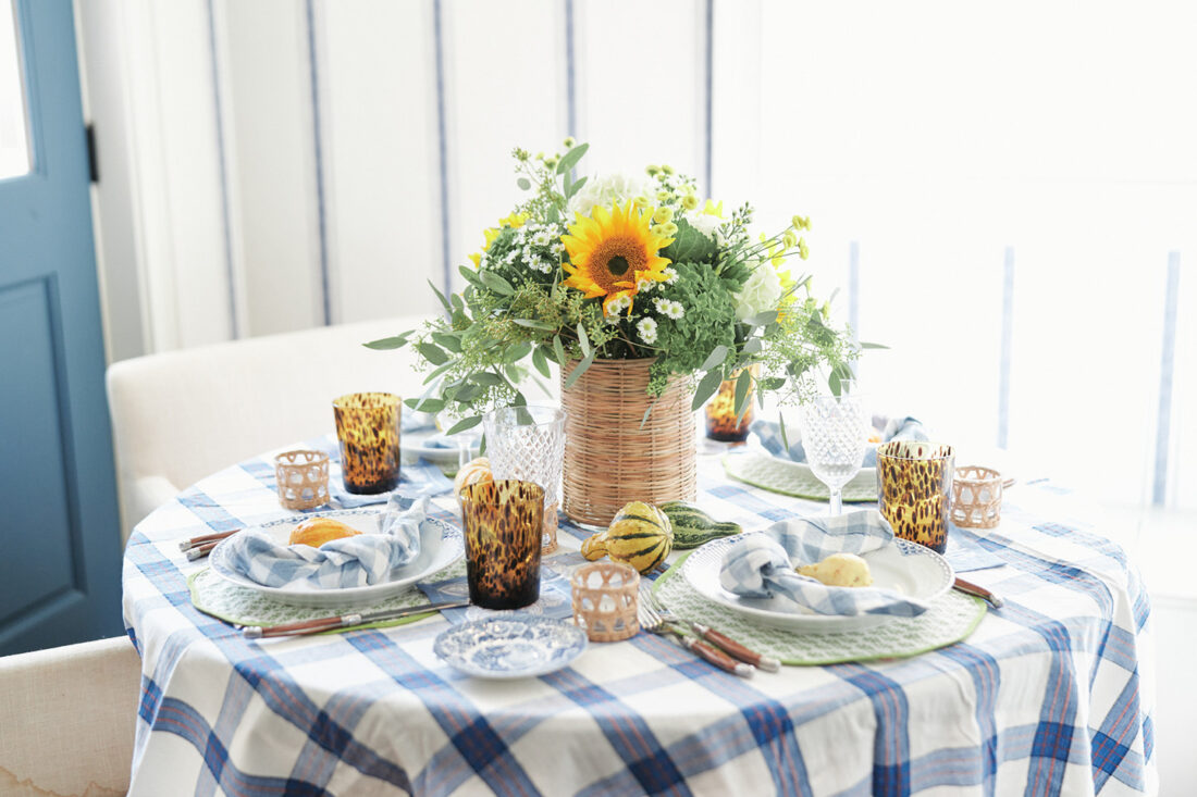 Blue and Green Thanksgiving Table with Gourds and Woven Tabletop 