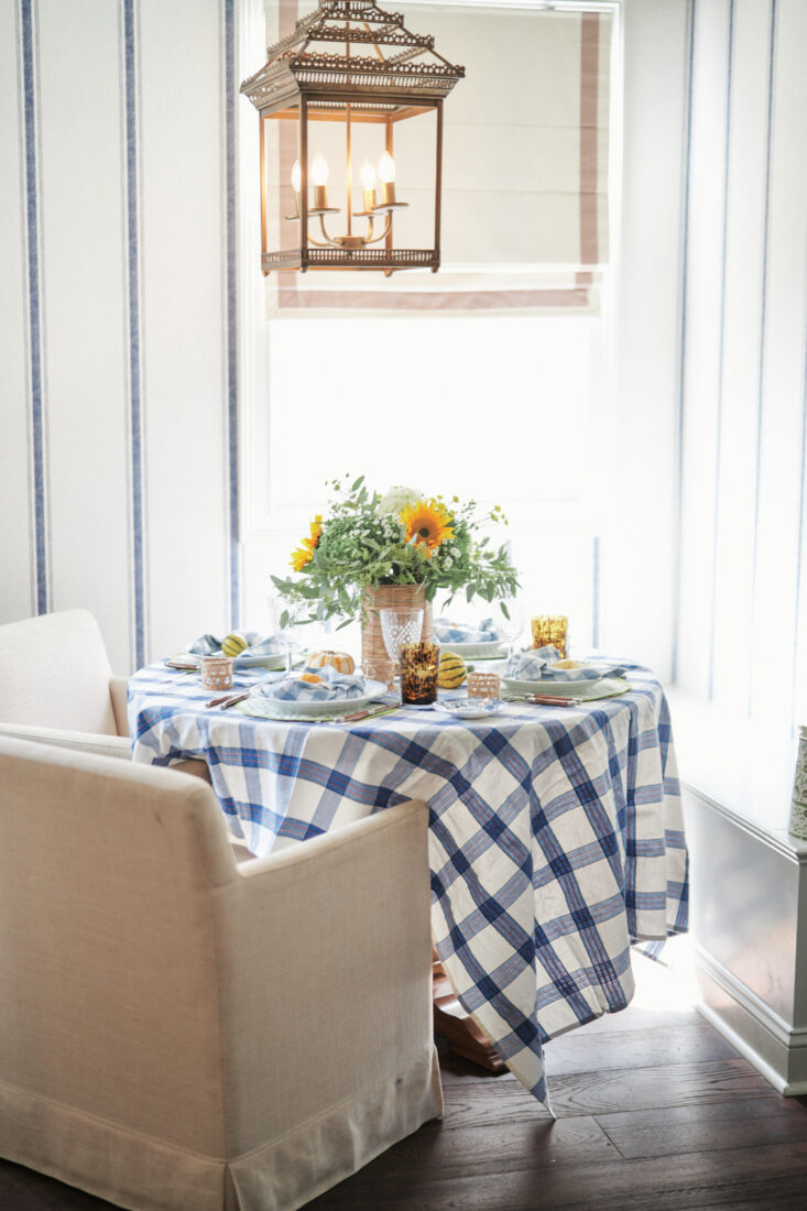 Blue and Green Thanksgiving Table with Gourds and Woven Tabletop 