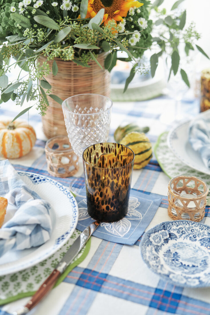 Tortoise Water Glasses and Gourds as a Centerpiece for fall + Thanksgiving 