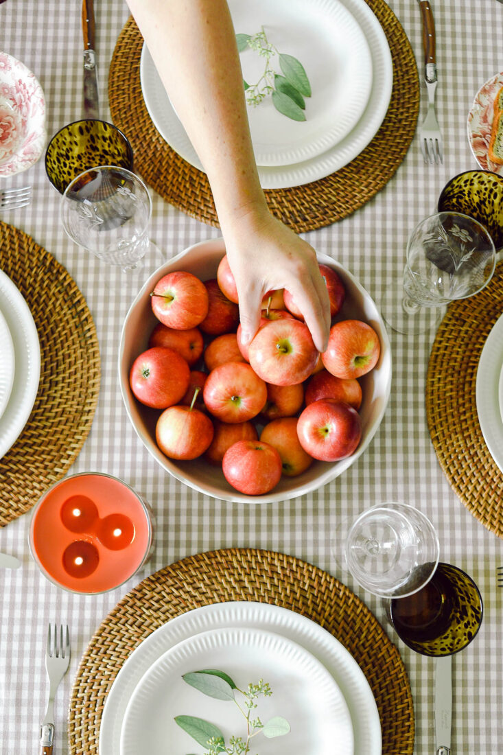 Apple Centerpiece Fall Tablescape with Beige Check Tablecloth 