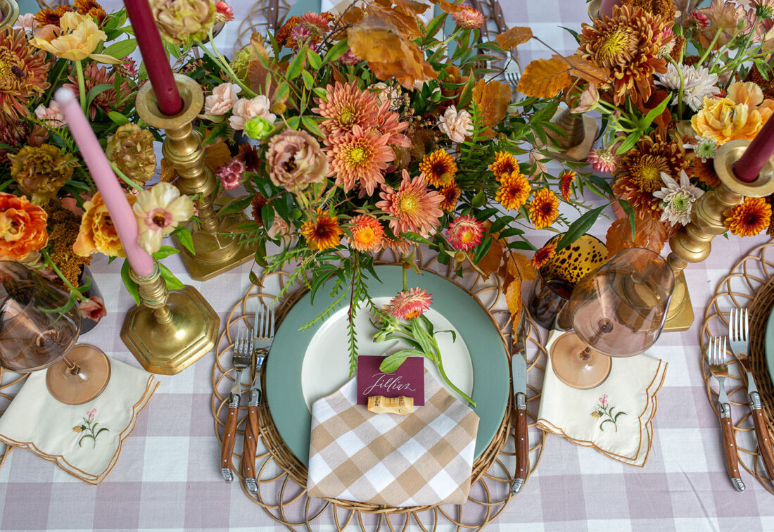 Lilac + Burgundy Thanksgiving Tablescape with Mustard + Orange Florals