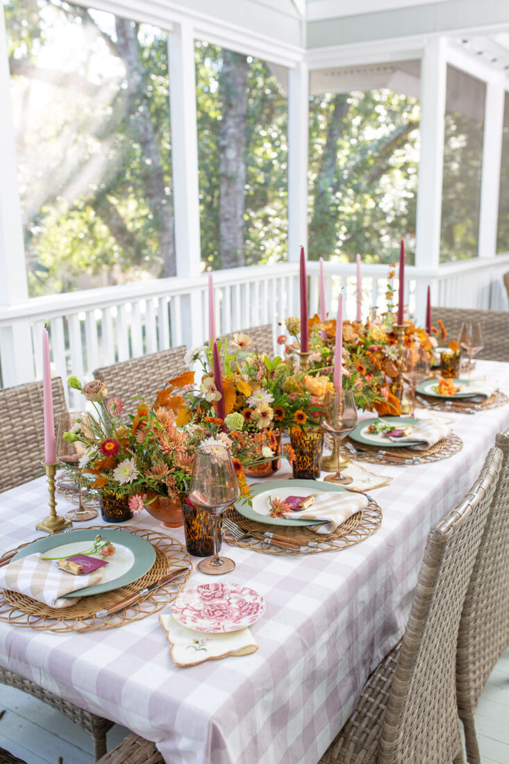 Lilac + Burgundy Thanksgiving Tablescape with Mustard + Orange Florals
