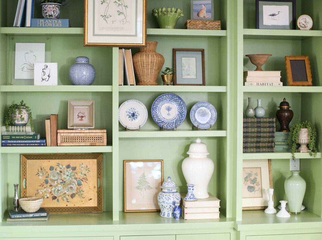 Styling Colorful Bookcase Built-Ins | Kelly Green Built Ins in Kristin Chambless' historic Charleston home