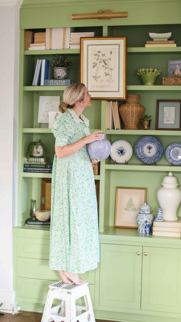 Styling Colorful Bookcase Built-Ins | Kelly Green Built Ins in Kristin Chambless' historic Charleston home