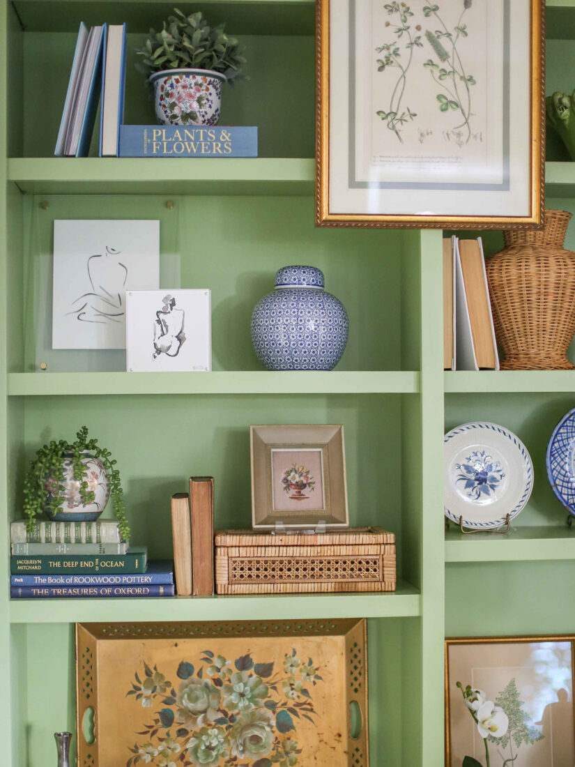 Styling Colorful Bookcase Built-Ins | Kelly Green Built Ins in Kristin Chambless' historic Charleston home