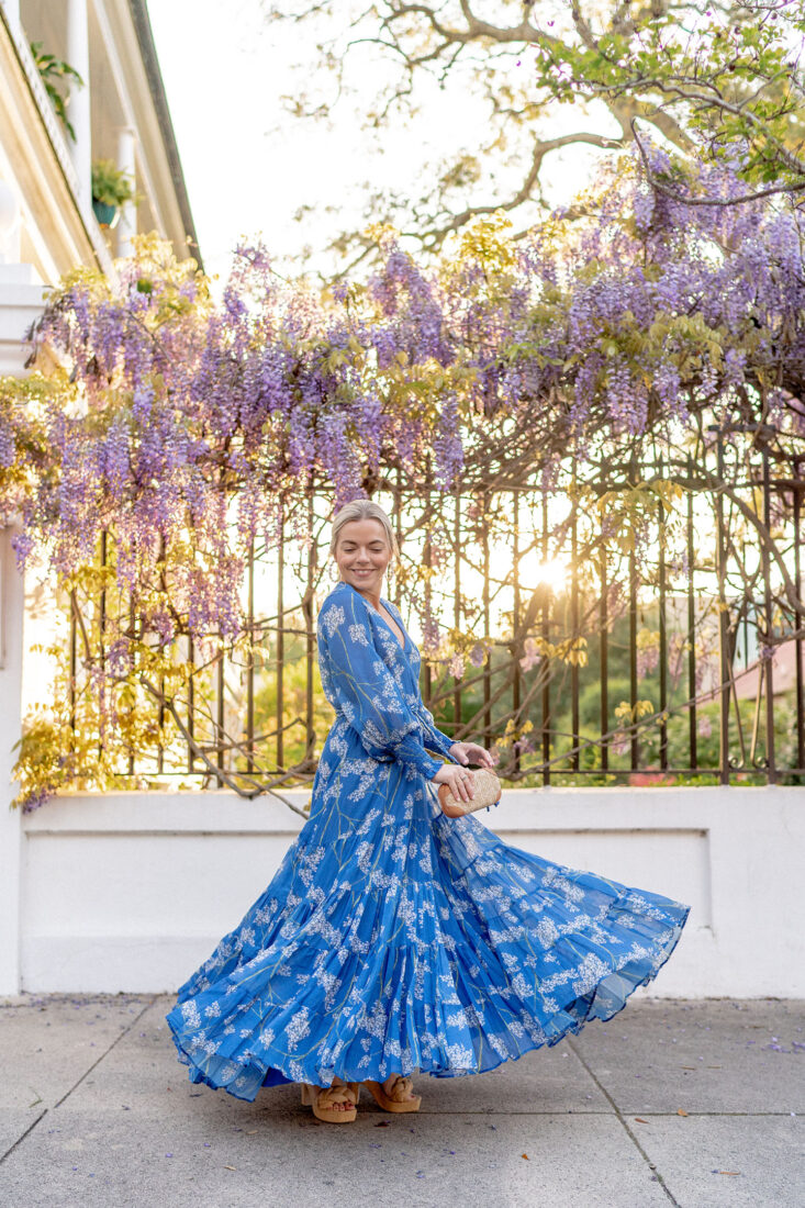 Spring Blue Floral Maxi Dress + Platform Heeled Sandals